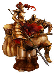Rule 34 | 2boys, armor, bad id, bad pixiv id, dark souls (series), dark souls i, dragon slayer ornstein, executioner smough, from software, full armor, gauntlets, hammer, helmet, huge weapon, knight, maruco, multiple boys, polearm, red hair, simple background, spear, weapon