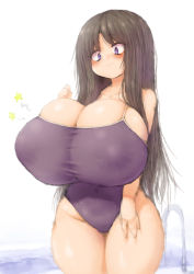 Rule 34 | 1girl, 2b-ge, black hair, blush, breast expansion, breasts, bursting breasts, cleavage, commission, competition swimsuit, curvy, highres, hime cut, huge breasts, long hair, navel, one-piece swimsuit, oppai loli, original, pixiv commission, pool, purple eyes, skindentation, solo, standing, swimsuit, thick thighs, thighhighs, thighs, very long hair, white background, wide hips