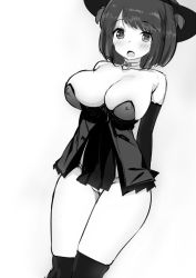 Rule 34 | 1girl, blush, breasts, choker, commentary request, covered erect nipples, dress, greyscale, hat, heart, heart choker, kaisen chuui, kneehighs, large breasts, looking at viewer, monochrome, open mouth, original, panties, short dress, short hair, skindentation, socks, solo, thigh gap, twintails, underwear, white background, witch, witch hat