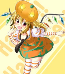 Rule 34 | 1girl, :d, alternate costume, alternate headwear, arm warmers, blonde hair, blush, collarbone, detached sleeves, fang, female focus, finger to face, flandre scarlet, glowing, glowing eyes, happy halloween, hat, ichimi, jack-o&#039;-lantern, necktie, open mouth, puffy sleeves, pumpkin, pumpkin hat, red eyes, short hair, side ponytail, skirt, skirt set, smile, solo, striped clothes, striped thighhighs, thighhighs, touhou, wings, yellow background