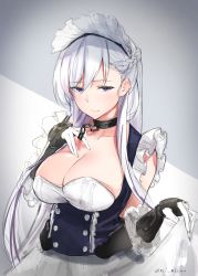 Rule 34 | 1girl, apron, arm guards, azur lane, bad id, bad pixiv id, belfast (azur lane), blue eyes, blush, braid, breasts, broken, broken chain, chain, cleavage, clothes lift, collar, collarbone, commentary request, corset, dress, elbow gloves, french braid, frilled dress, frills, gloves, highres, large breasts, long hair, looking at viewer, maid, maid apron, maid headdress, mizuu rei, silver hair, skirt, skirt lift, sleeveless, sleeveless dress, solo, twitter username, waist apron, white apron, white gloves