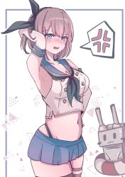 Rule 34 | 1girl, absurdres, anger vein, black neckerchief, black panties, blue eyes, blue sailor collar, blue skirt, brown hair, commentary, cosplay, elbow gloves, gloves, highleg, highleg panties, highres, kantai collection, kintamaani sanagi, maya (kancolle), microskirt, neckerchief, panties, rensouhou-chan, sailor collar, shimakaze (kancolle), shimakaze (kancolle) (cosplay), short hair, skirt, spoken anger vein, striped clothes, striped thighhighs, thighhighs, underwear