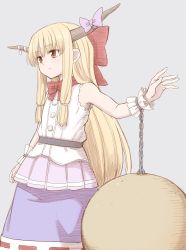 Rule 34 | 1girl, ball and chain restraint, black sash, blonde hair, bow, bowtie, brown eyes, chain, closed mouth, grey background, hair bow, horn bow, horn ornament, horns, ibuki suika, long hair, poronegi, purple bow, purple skirt, red bow, red bowtie, sash, shirt, simple background, skirt, solo, standing, touhou, white shirt