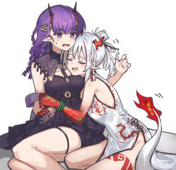 Rule 34 | 2girls, arknights, arm tattoo, bead bracelet, beads, black collar, black dress, black necktie, blush, bracelet, braid, breasts, china dress, chinese clothes, closed eyes, collar, colored skin, demon girl, demon horns, detached collar, dragon girl, dragon horns, dragon tail, dress, earrings, fang, folded ponytail, groin, hair ornament, hand up, highres, horn ornament, horns, hug, jewelry, lava (arknights), lava the purgatory (arknights), lava the purgatory (dusk wisteria) (arknights), long hair, mabing, multicolored hair, multiple girls, nail polish, necktie, nian (arknights), nian (unfettered freedom) (arknights), no panties, official alternate costume, open mouth, pointy ears, purple eyes, purple hair, purple nails, red hair, red skin, seiza, sideboob, simple background, sitting, skin fang, small breasts, strapless, strapless dress, streaked hair, sweatdrop, tail, tassel, tassel earrings, tattoo, thigh strap, u u, white background, white hair, yuri