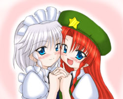 Rule 34 | 2girls, blue eyes, blush, bococho, embodiment of scarlet devil, female focus, gradient background, grey hair, hairband, hat, hong meiling, immaterial and missing power, izayoi sakuya, maid, multiple girls, red hair, touhou, upper body, white background