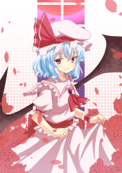Rule 34 | 1girl, ascot, bad id, bad pixiv id, bat wings, blue hair, brooch, checkered background, flower, full moon, gradient background, hakuto (28syuku), hat, hat ribbon, jewelry, looking at viewer, mob cap, moon, petals, puffy short sleeves, puffy sleeves, red eyes, red flower, red moon, red rose, remilia scarlet, ribbon, rose, short hair, short sleeves, skirt, skirt hold, skirt set, smile, solo, touhou, window, wings, wrist cuffs