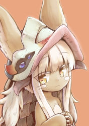 Rule 34 | 1other, animal ears, closed mouth, commentary, eyes visible through hair, furry, hat, highres, kareya, looking at viewer, made in abyss, nanachi (made in abyss), orange background, short hair, simple background, solo, upper body, whiskers, white hair, yellow eyes