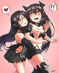Rule 34 | !, !!, 2girls, absurdres, black dress, black hair, black shorts, blush, breasts, cleavage, commentary request, dreamer (girls&#039; frontline), dress, feet out of frame, girls&#039; frontline, hair between eyes, headgear, heart, highres, hug, hug from behind, judge (girls&#039; frontline), kokukyukeo, korean commentary, long hair between eyes, medium breasts, multiple girls, navel, open mouth, pink background, sangvis ferri, shorts, smile, spoken exclamation mark, spoken heart, surprised, yellow eyes, yuri
