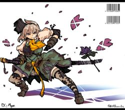 Rule 34 | 1girl, alternate costume, anba saa, armor, ascot, asymmetrical footwear, bag, barcode, beige hair, breastplate, fighting stance, floral print, flower, green skirt, green vest, hairband, japanese armor, konpaku youmu, letterboxed, long sword, mismatched footwear, petals, print thighhighs, purple eyes, ribbon, satchel, serious, shadow, shirt, short hair, simple background, skirt, solo, thighhighs, touhou, vest, white background, white shirt, wind
