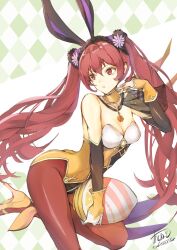 Rule 34 | 1girl, alternate costume, animal ears, ass, atoatto, bare shoulders, breasts, choker, cleavage, detached sleeves, egg, fake animal ears, female focus, fire emblem, fire emblem awakening, fire emblem heroes, flower, gloves, hair flower, hair ornament, hairband, high heels, holding, holding egg, leg up, leotard, long hair, looking to the side, matching hair/eyes, nintendo, official alternate costume, pantyhose, playboy bunny, rabbit ears, red eyes, red hair, red pantyhose, severa (fire emblem), severa (spring) (fire emblem), signature, small breasts, solo, twintails, very long hair, white gloves