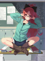Rule 34 | 10s, 1girl, akemi homura, bespectacled, book, boots, bow, cameo, chalkboard, chinese text, collarbone, cutoffs, denim, denim shorts, desk, fingersmile, fkey, glasses, grin, hair bow, highres, hood, hoodie, indian style, indoors, kyubey, long hair, mahou shoujo madoka magica, mahou shoujo madoka magica (anime), nail polish, on desk, pointing, pointing at self, ponytail, red eyes, red hair, sakura kyoko, shade, shorts, simplified chinese text, sitting, on desk, smile, solo