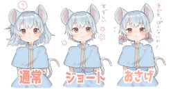 Rule 34 | ?, alternate hairstyle, animal ears, capelet, commentary request, hair ribbon, highres, mouse ears, mouse tail, nazrin, partially translated, red eyes, ribbon, semimaru (user zzuy5884), short hair, short twintails, silver hair, skirt, spoken question mark, tail, touhou, translation request, twintails