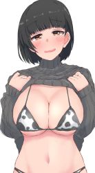 Rule 34 | 1girl, :d, absurdres, animal print, bikini, black hair, black sweater, blunt bangs, blush, breasts, cleavage, clothes lift, cow print, half-closed eyes, head tilt, highres, holding, idolmaster, idolmaster cinderella girls, large breasts, looking at viewer, midriff, navel, open mouth, print bikini, short hair, simple background, smile, solo, striped clothes, striped sweater, sweater, sweater lift, swimsuit, takafuji kako, upper body, wasabijoyu76, white background