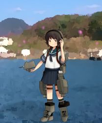 Rule 34 | 1girl, adapted turret, black hair, black socks, blue sailor collar, blue skirt, blue sky, brown eyes, cannon, cloud, commentary request, day, full body, grin, headphones, highres, kantai collection, kneehighs, looking at viewer, machinery, miyuki (kancolle), outdoors, pleated skirt, sailor collar, school uniform, serafuku, short hair, skirt, sky, smile, socks, solo, standing, subprocedure, torpedo launcher, turret