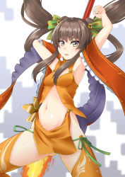 Rule 34 | 1girl, arms up, bad proportions, bell, breasts, brown eyes, brown hair, double bun, flaming weapon, gluteal fold, hair bell, hair bun, hair ornament, highres, long hair, looking at viewer, midriff, nataku (sennen sensou aigis), navel, open mouth, orange thighhighs, panties, polearm, sano souichi, sennen sensou aigis, side-tie panties, sidelocks, simple background, small breasts, solo, thighhighs, twintails, underwear, weapon