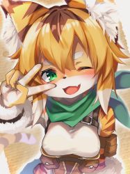 Rule 34 | 1girl, animal ear fluff, animal ears, blonde hair, blush, body fur, breasts, fang, female focus, furry, furry female, green eyes, highres, looking at viewer, medium breasts, mia (world flipper), multicolored hair, neckerchief, one eye closed, open mouth, solo, tab head, tail, tiger ears, tiger tail, v, world flipper