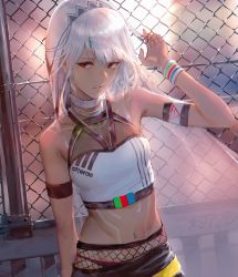 Rule 34 | 1girl, absurdres, adjusting hair, altera (fate), armlet, bare shoulders, black nails, brand name imitation, breasts, chain-link fence, commentary request, crop top, dark-skinned female, dark skin, fate/grand order, fate (series), fence, fishnets, full-body tattoo, headdress, highres, huge filesize, leaning back, matsuo shogo, midriff, nail polish, navel, parted lips, red eyes, revealing clothes, small breasts, solo, stomach, tan, tattoo, veil, white hair
