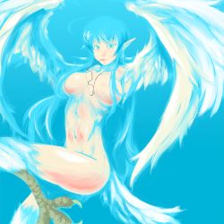 Rule 34 | 1girl, blue theme, breasts, censored, convenient censoring, feathered wings, feathers, glasses, hair censor, harpy, large breasts, long hair, monster girl, mouth hold, navel, nude, original, pointy ears, solo, winged arms, wings, wistar!a