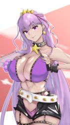 Rule 34 | 1girl, absurdres, bare shoulders, bb (fate), bb (fate) (all), bb (swimsuit mooncancer) (fate), bb (swimsuit mooncancer) (second ascension) (fate), bead bracelet, beads, belt, bikini, black garter belt, black gloves, black shorts, blush, bracelet, breasts, breasts squeezed together, cleavage, closed mouth, collarbone, dark-skinned female, dark skin, fate/grand order, fate (series), fingerless gloves, garter belt, gloves, hair ornament, hair ribbon, hairband, hands on own chest, highres, huge filesize, jewelry, large breasts, long hair, looking at viewer, loose belt, micro shorts, neck ribbon, pink background, purple bikini, purple eyes, purple hair, ribbon, shorts, smile, star (symbol), star hair ornament, studded garter belt, swimsuit, tan, thighs, two-tone background, very long hair, white background, white belt, zumizu