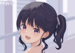 Rule 34 | 1girl, absurdres, artist request, black hair, blurry, blurry background, commentary request, fang, fukumaru koito, hair ribbon, highres, idolmaster, idolmaster shiny colors, looking at viewer, looking to the side, medium hair, open mouth, portrait, purple eyes, ribbon, side ponytail, skin fang, solo, spaghetti strap, swept bangs, upper body