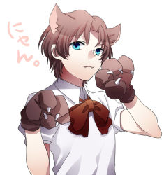 Rule 34 | 1boy, :3, aged down, animal ears, animal hands, blue eyes, bow, brown hair, cat boy, cat ears, fangs, fate/zero, fate (series), gloves, honda yuita, kemonomimi mode, male focus, paw gloves, paw pose, puffy sleeves, solo, tohsaka tokiomi, white background