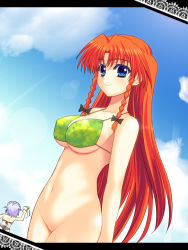 Rule 34 | 2girls, assisted exposure, bikini, unworn bikini bottom, bikini top only, blue eyes, bottomless, braid, breasts, clothes theft, colored eyelashes, day, female focus, hong meiling, izayoi sakuya, large breasts, letterboxed, long hair, midriff, multiple girls, navel, red hair, short hair, silver hair, swimsuit, swimsuit theft, takadoya, theft, touhou, twin braids