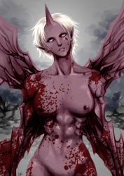 Rule 34 | 1girl, blood, blood on arm, blood on breasts, blood on chest, blood on face, breasts, claymore (series), cleavage, groin, head tilt, highres, horns, muscular, muscular female, nipples, out-of-frame censoring, pointy ears, priscilla (claymore), single horn, solo, tazan, white hair, wings, yellow eyes