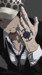 Rule 34 | 1boy, black hair, black suit, blurry, blurry foreground, earrings, facial hair, formal, goatee, hand tattoo, hat over one eye, highres, jaguar print, jewelry, long sideburns, male focus, necktie, one piece, pinattsu, short hair, sideburns, smile, solo, suit, tattoo, trafalgar law, veins, veiny hands