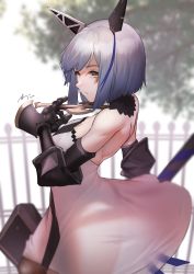 Rule 34 | 1girl, absurdres, armor, azur lane, bare shoulders, blue eyes, breasts, cleavage, cross, cross necklace, dress, gascogne (azur lane), gauntlets, greaves, headgear, highres, jewelry, latin cross, mechanical hands, medium breasts, necklace, oregano (olgn eao), short hair, solo, strapless, strapless dress, white dress, yellow eyes