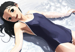 Rule 34 | 1girl, :d, bad id, bad pixiv id, black eyes, black hair, competition school swimsuit, derivative work, grey eyes, long hair, looking at viewer, lying, on back, one-piece swimsuit, open mouth, oryo (oryo04), school swimsuit, smile, solo, swimsuit, water, wet