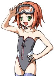 Rule 34 | 00s, 1girl, :d, arm up, bare shoulders, blush, casual one-piece swimsuit, cowboy shot, diving mask, female focus, flat chest, goggles, green eyes, hand on own hip, hip focus, irina woods, my-otome, nekopuchi, oekaki, one-piece swimsuit, open mouth, orange hair, red hair, short hair, simple background, smile, solo, swimsuit, thighhighs, white background, zipper