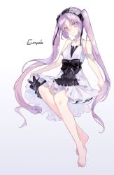Rule 34 | 1girl, barefoot, bow, character name, dress, euryale (fate), euryale (third ascension) (fate), fate/grand order, fate (series), full body, gradient background, hairband, highres, invisible chair, jewelry, lolita hairband, long hair, looking at viewer, necklace, picoli1313, purple eyes, purple hair, simple background, sitting, smile, solo, twintails, very long hair, white dress