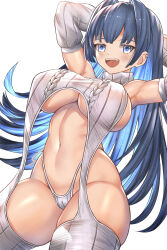 Rule 34 | 1girl, absurdres, armpit crease, armpit focus, armpits, arms up, blue eyes, blue hair, breasts, colored inner hair, fangs, hair intakes, highres, hololive, hololive english, honkivampy, large breasts, long hair, looking at viewer, meme attire, multicolored hair, navel, open mouth, ouro kronii, solo, two-tone hair, underboob, virgin destroyer sweater, virgin killer sweater, virtual youtuber, white background