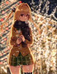 Rule 34 | 1girl, absurdres, black scarf, blonde hair, blurry, blurry background, blush, bow, bowtie, breasts, chestnut mouth, christmas, christmas lights, dated, evening, eyelashes, food, furrowed brow, green bow, green bowtie, green skirt, hair between eyes, hair intakes, head tilt, highres, holding, holding food, jacket, konjiki no yami, long hair, looking at viewer, medium breasts, miniskirt, outdoors, pleated skirt, red eyes, scarf, school uniform, shirt, signature, skirt, snowing, solo, standing, steam, straight hair, taiyaki, thigh strap, thighs, to love-ru, traveler (artbbt), two side up, very long hair, wagashi, white shirt, yellow jacket