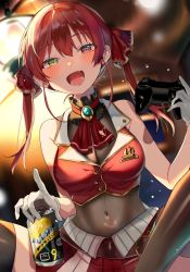 Rule 34 | 1girl, :d, bare arms, bare shoulders, black thighhighs, blouse, blurry, bodysuit, breasts, brooch, can, cleavage, covered navel, crop top, depth of field, fang, gloves, gold trim, hair ribbon, heterochromia, highres, holding, hololive, houshou marine, jewelry, large breasts, leotard, leotard under clothes, long hair, looking at viewer, miniskirt, open mouth, playstation controller, pleated skirt, red eyes, red hair, red neckwear, red shirt, red skirt, ribbon, satoupote, see-through, see-through cleavage, see-through leotard, shirt, skirt, sleeveless, sleeveless shirt, smile, solo, thighhighs, twintails, virtual youtuber, white gloves, wing collar, yellow eyes