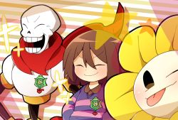 Rule 34 | ;p, androgynous, badge, brown hair, closed eyes, flower, flowey (undertale), frisk (undertale), gender request, hair between eyes, hand on own hip, heart, medal, one eye closed, papyrus (undertale), purple sweater, red scarf, scarf, skeleton, smile, sparkle, star (symbol), striped background, striped clothes, striped sweater, sweater, tongue, tongue out, undertale, wate2, yellow flower