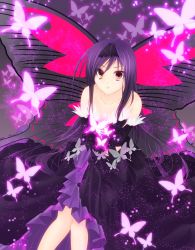Rule 34 | 10s, 1girl, accel world, antenna hair, bare shoulders, black hair, brown eyes, bug, butterfly, butterfly wings, elbow gloves, gloves, highres, insect, insect wings, kuroyukihime, long hair, solo, wings
