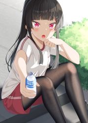 Rule 34 | 1girl, :o, black pantyhose, blunt bangs, blush, bottle, brand name imitation, breasts, commentary request, feet out of frame, fine fabric emphasis, gurande (g-size), gym shirt, gym shorts, gym uniform, hair ornament, hairclip, highres, holding, holding bottle, knees up, long hair, looking at viewer, narumiya tsukasa, open mouth, original, pantyhose, pocari sweat, ponytail, red eyes, red shorts, shirt, short shorts, short sleeves, shorts, sitting, small breasts, solo, very long hair, water bottle, white shirt, x hair ornament