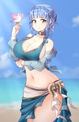 Rule 34 | 1girl, arm under breasts, bare shoulders, beach, bikini, bird, bird on hand, blue bikini, blue hair, blue sky, blurry, blurry background, braid, breasts, brown eyes, cleavage, closed mouth, cloud, collarbone, cowboy shot, crown braid, detached sleeves, fire emblem, fire emblem: three houses, fire emblem heroes, highres, jarckius, large breasts, looking at viewer, marianne von edmund, marianne von edmund (summer), navel, nintendo, ocean, official alternate costume, outdoors, pink bird, sarong, see-through, sidelocks, sky, smile, solo, standing, swimsuit, thighs