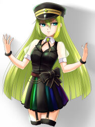 Rule 34 | 1girl, alina gray, aqua eyes, black bow, black hat, black necktie, black vest, blonde hair, bow, breasts, brooch, chain, cleavage, collar, cross tie, detached collar, fur cuffs, fur trim, garter straps, gem, green gemstone, green hair, hair between eyes, hat, highres, jewelry, lapels, long hair, looking to the side, magia record: mahou shoujo madoka magica gaiden, magical girl, mahou shoujo madoka magica, medium breasts, multicolored clothes, multicolored hair, multicolored skirt, necktie, notched lapels, peaked cap, pleated skirt, puffy short sleeves, puffy sleeves, satom, see-through, see-through sleeves, short sleeves, sidelocks, skirt, sleeve cuffs, solo, standing, streaked hair, striped clothes, striped skirt, v-neck, vertical-striped clothes, vertical-striped skirt, vest, waist bow, white collar, white sleeves