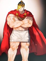 Rule 34 | 1boy, abs, ares (shuumatsu no valkyrie), bara, blonde hair, blue eyes, cape, closed mouth, commentary request, crossed arms, helmet, highres, male focus, mature male, muscular, muscular male, navel, red cape, shiratori yokikana, shuumatsu no valkyrie, solo