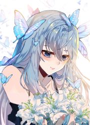 Rule 34 | 1girl, animated, animated gif, bare shoulders, blue butterfly, blue eyes, blue hair, blush, bug, butterfly, butterfly on head, douluo dalu, flower, guagua gu.mp4 (artist), insect, lily (flower), long hair, solo, soul land ii, tang wutong (douluo dalu), white flower