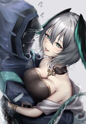 Rule 34 | 1girl, 1other, ambience synesthesia, arknights, bare shoulders, black dress, black feathers, blush, bracelet, breasts, cleavage, doctor (arknights), dress, feathers, green eyes, green feathers, grey background, grey hair, head wings, highres, ho&#039;olheyak (arknights), ho&#039;olheyak (carriage of the winds of time) (arknights), hood, hooded coat, hug, jewelry, medium hair, official alternate costume, pendant choker, poni (poni arknights), snake tail, sweatdrop, tail, tongue, tongue out, wings