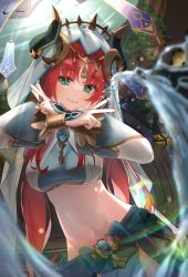 Rule 34 | 1girl, absurdres, aqua eyes, blurry, blurry foreground, breasts, circlet, closed mouth, crop top, detached sleeves, double v, genshin impact, harem outfit, highres, jewelry, long hair, long sleeves, looking at viewer, luenar, medium breasts, navel, nilou (genshin impact), parted bangs, pelvic curtain, puffy long sleeves, puffy sleeves, red hair, sidelocks, skirt, smile, solo, stomach, twintails, v, vambraces, vision (genshin impact), water, white headwear, x arms