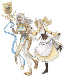 Rule 34 | 2girls, absurdres, ash (fire emblem), boots, breasts, brown eyes, closed mouth, dress, fire emblem, fire emblem heroes, full body, highres, holding, holding staff, horns, lissa (fire emblem), medium breasts, multiple girls, nintendo, open mouth, poking, simple background, smile, staff, surprised, white background, you nf