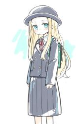 Rule 34 | 1girl, :o, backpack, bag, black hat, black jacket, black skirt, blazer, blonde hair, blue background, blue eyes, blush, collared shirt, commission, copyright request, forehead, hat, highres, jacket, kibisake, long hair, long sleeves, looking at viewer, neck ribbon, parted lips, pleated skirt, randoseru, red ribbon, ribbon, school uniform, shirt, skeb commission, skirt, sleeves past wrists, solo, standing, two-tone background, very long hair, white background, white shirt
