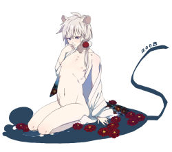 Rule 34 | 00s, 1girl, 2008, androgynous, anemone (flower), animal ears, bad id, bad pixiv id, blonde hair, blue eyes, camellia, flat chest, flower, honya lala, japanese clothes, kneeling, mouse ears, new year, nude, pee, peeing, rose, seiza, sitting, solo