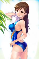 Rule 34 | 10s, 1girl, ashita (2010), ass, bad id, bad twitter id, breasts, brown eyes, brown hair, competition swimsuit, from behind, from side, highres, idolmaster, idolmaster cinderella girls, idolmaster cinderella girls starlight stage, long hair, looking back, medium breasts, nitta minami, one-piece swimsuit, smile, solo, swimsuit, towel