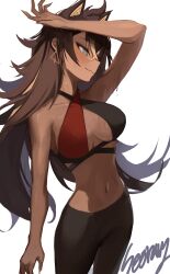 Rule 34 | 1girl, absurdres, arm up, bare arms, bare shoulders, black pants, blue eyes, breasts, commentary, cowboy shot, criss-cross halter, dark skin, dehya (genshin impact), earrings, genshin impact, halterneck, highres, jewelry, large breasts, leggings, long hair, midriff, navel, pants, pointy hair, seorang, smile, solo, standing, stomach, thighs, very long hair