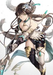 Rule 34 | 1girl, armlet, asymmetrical clothes, bare shoulders, braid, breasts, brown hair, cleavage, feb itk, granblue fantasy, green eyes, hair ornament, hairpin, highres, large breasts, long hair, looking at viewer, polearm, shura (granblue fantasy), simple background, solo, spear, thighhighs, thighs, twin braids, weapon